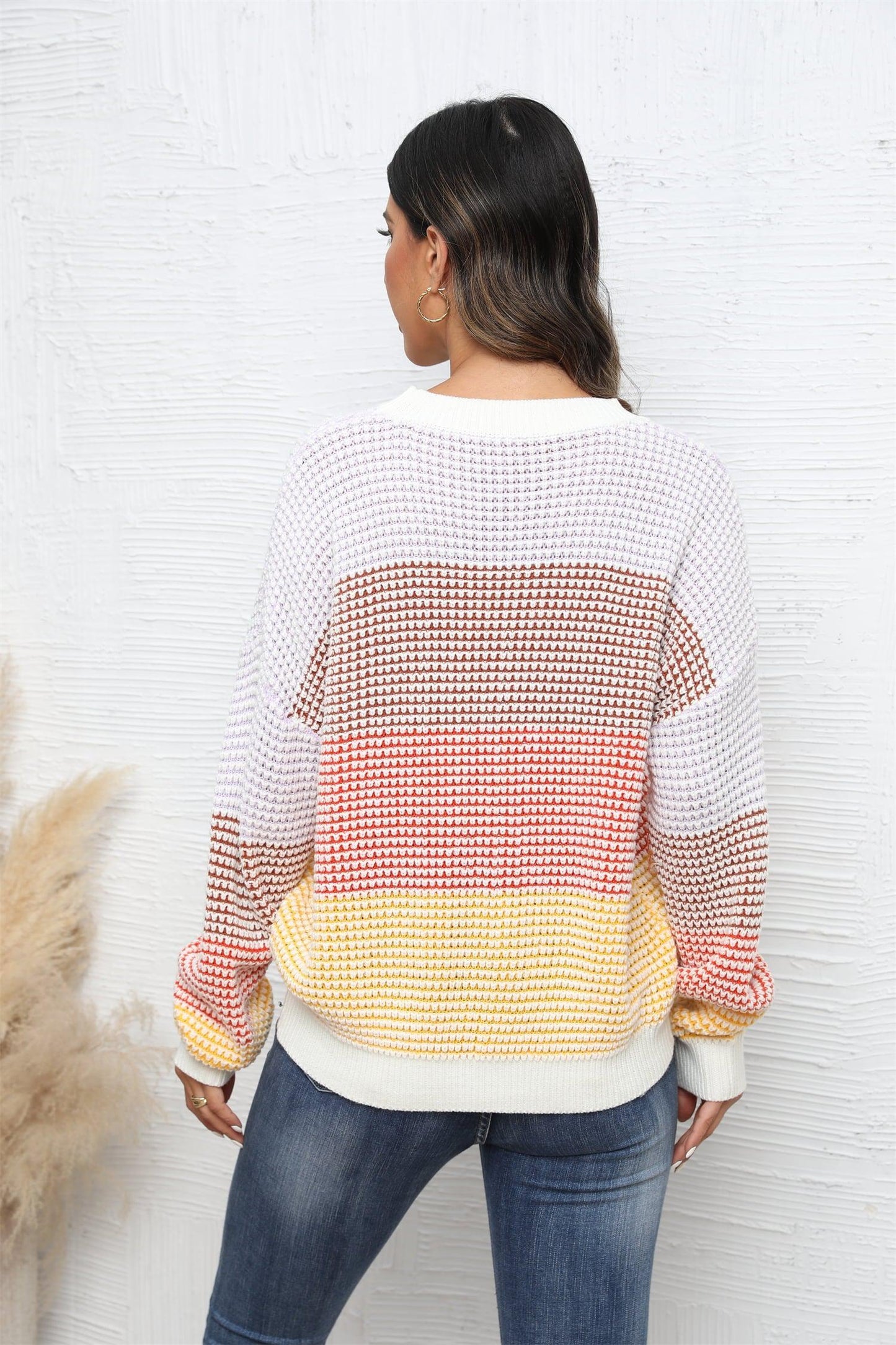 Waffle-Knit Round Neck Dropped Shoulder Color Block Sweater BLUE ZONE PLANET