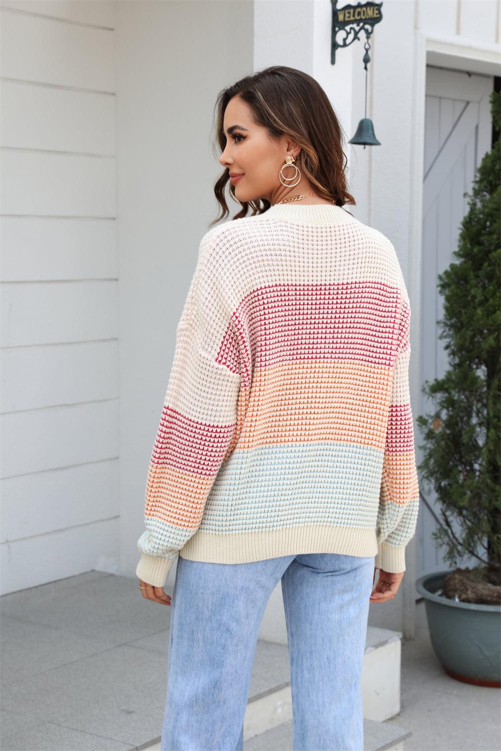 Waffle-Knit Round Neck Dropped Shoulder Color Block Sweater BLUE ZONE PLANET