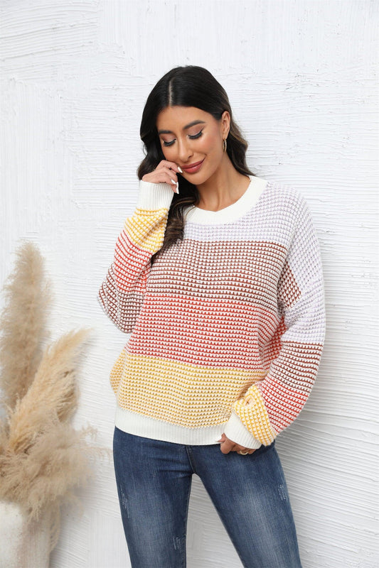 Waffle-Knit Round Neck Dropped Shoulder Color Block Sweater BLUE ZONE PLANET