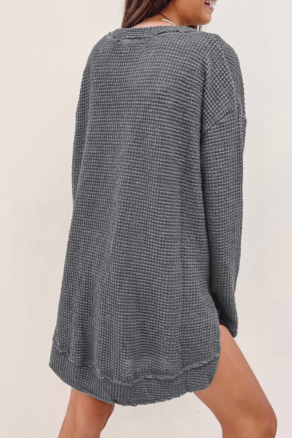 Waffle-Knit Round Neck Long Sleeve Sweatshirt BLUE ZONE PLANET