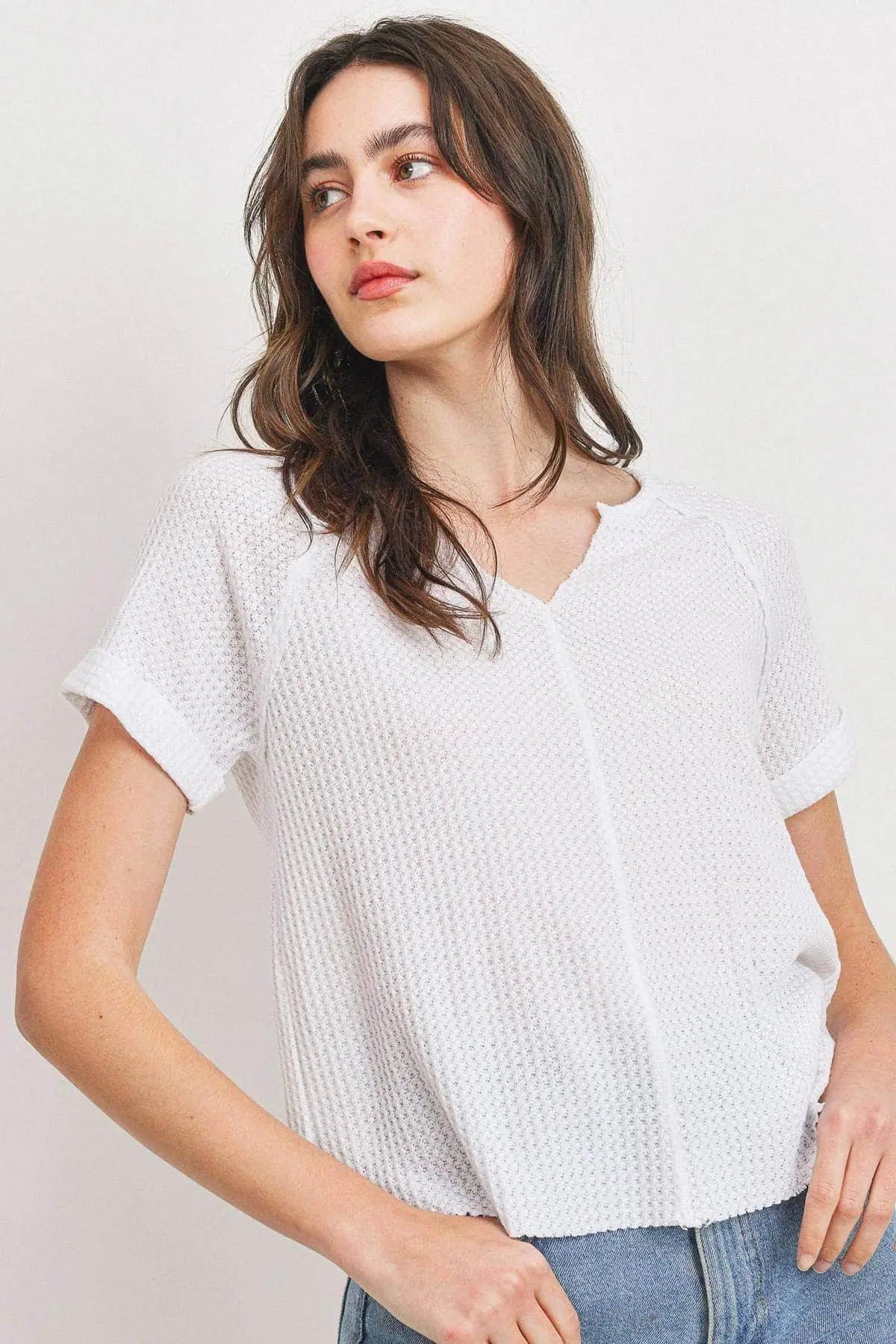 Waffle Raw Edge V-neck Rolled Up Short Sleeves Top Blue Zone Planet