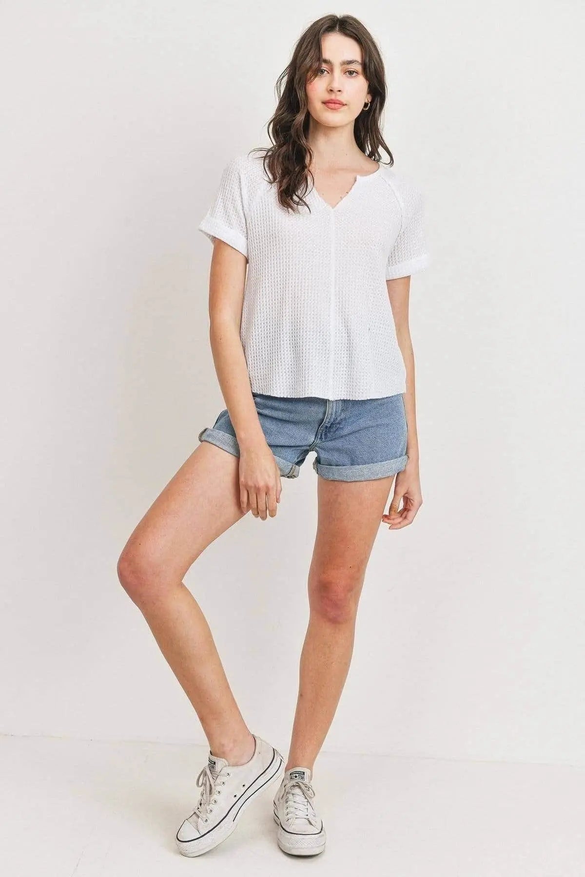 Waffle Raw Edge V-neck Rolled Up Short Sleeves Top Blue Zone Planet