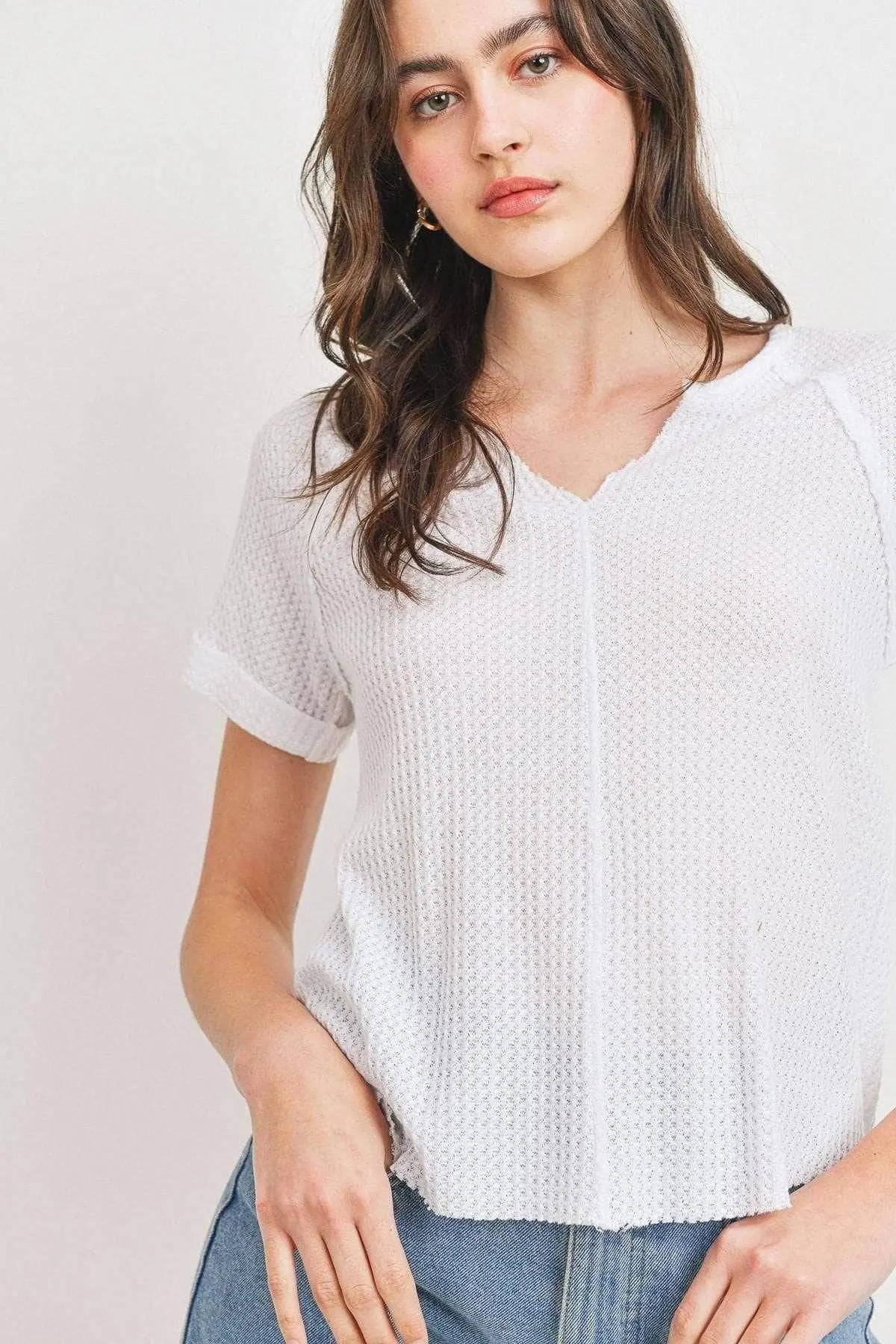 Waffle Raw Edge V-neck Rolled Up Short Sleeves Top Blue Zone Planet