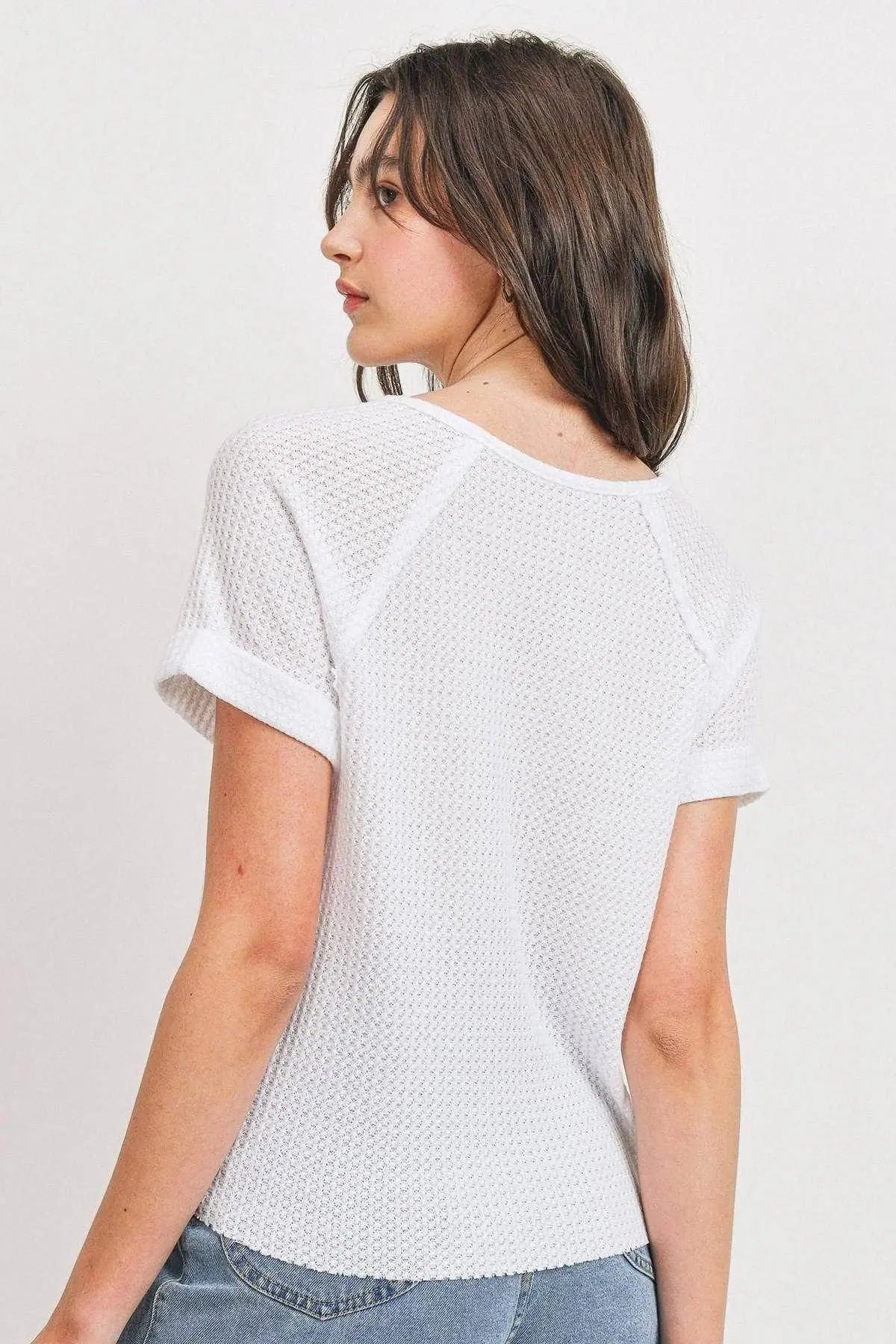 Waffle Raw Edge V-neck Rolled Up Short Sleeves Top Blue Zone Planet