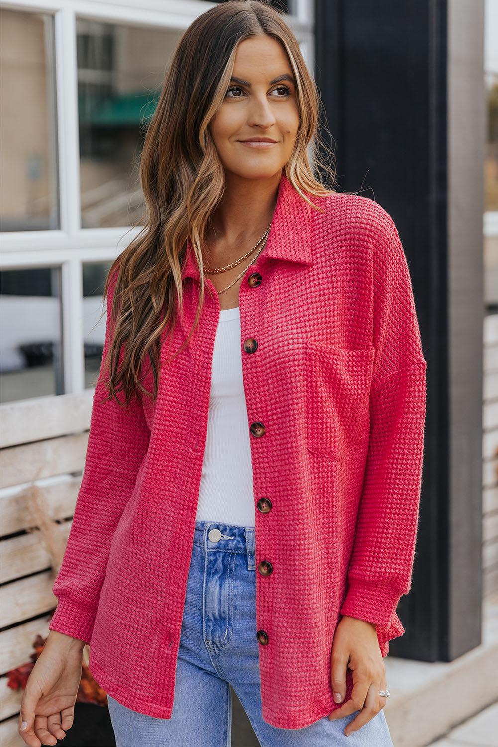 Waffle-knit Collared Neck Dropped Shoulder Shirt BLUE ZONE PLANET