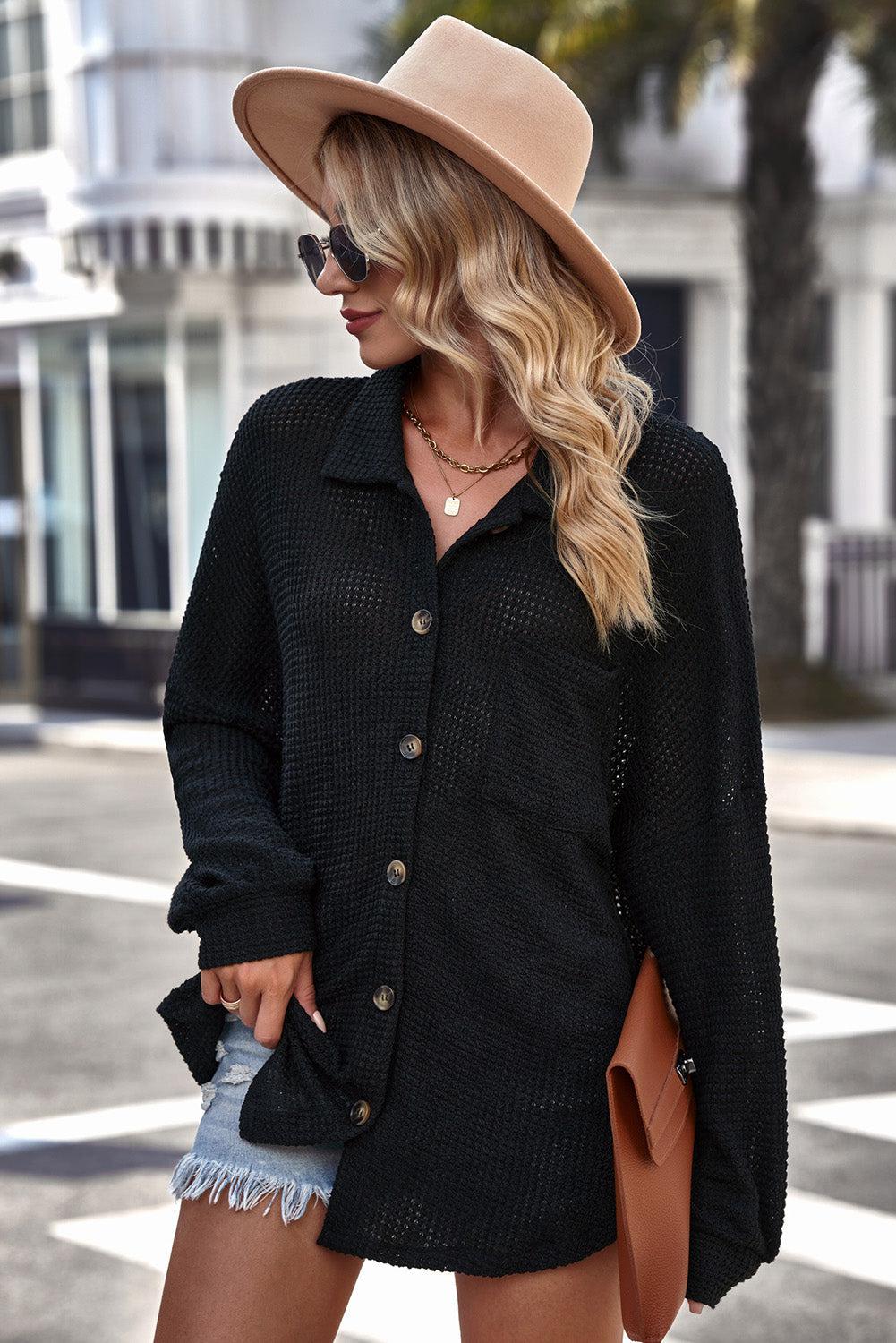 Waffle-knit Collared Neck Dropped Shoulder Shirt BLUE ZONE PLANET