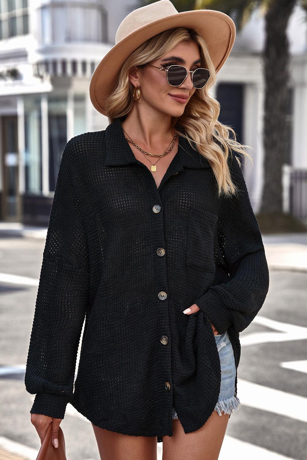 Waffle-knit Collared Neck Dropped Shoulder Shirt BLUE ZONE PLANET