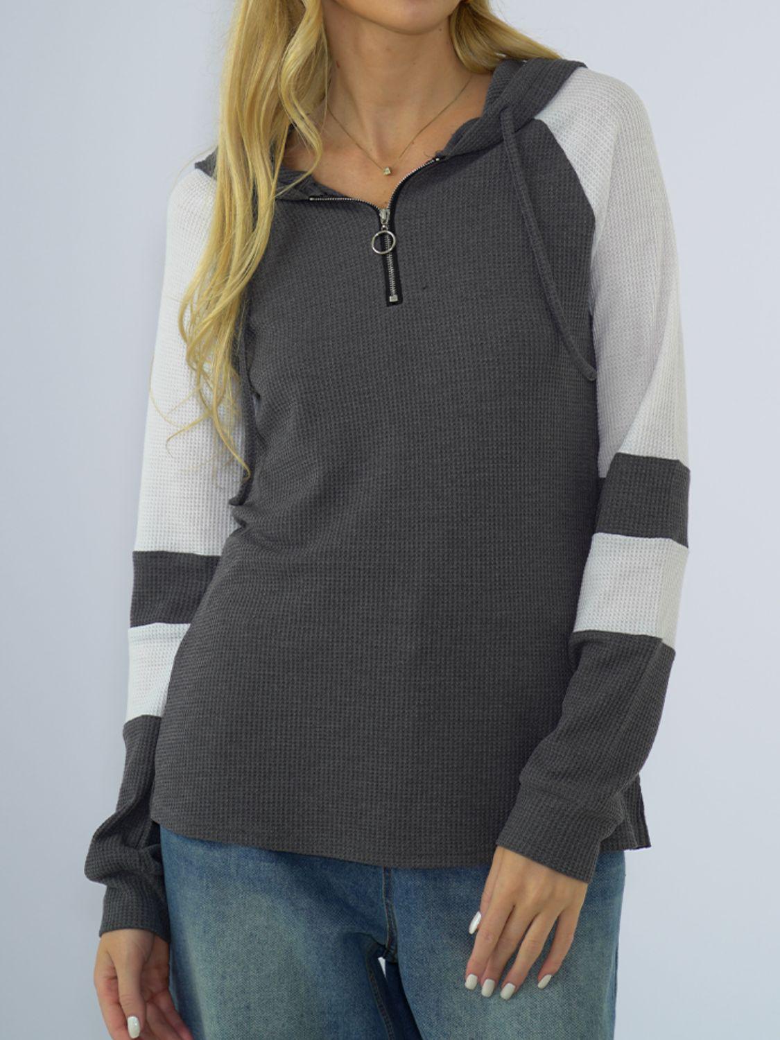 Waffle-knit Raglan Sleeve Zipper Front Hoody BLUE ZONE PLANET