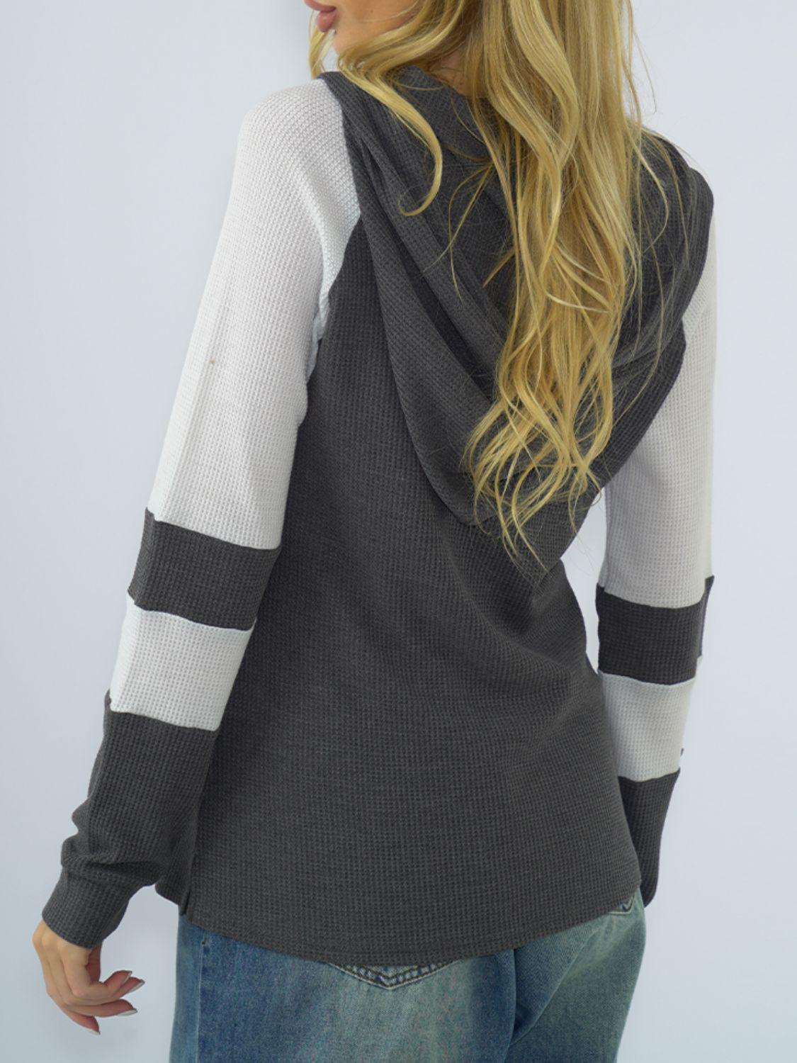 Waffle-knit Raglan Sleeve Zipper Front Hoody BLUE ZONE PLANET