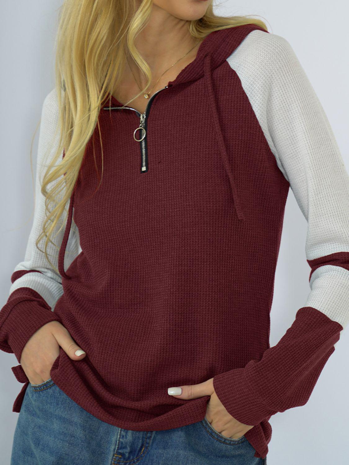 Waffle-knit Raglan Sleeve Zipper Front Hoody BLUE ZONE PLANET