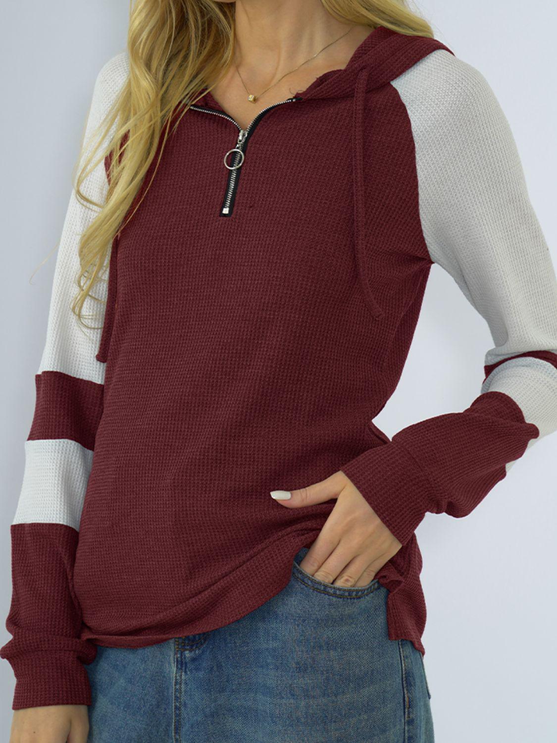 Waffle-knit Raglan Sleeve Zipper Front Hoody BLUE ZONE PLANET