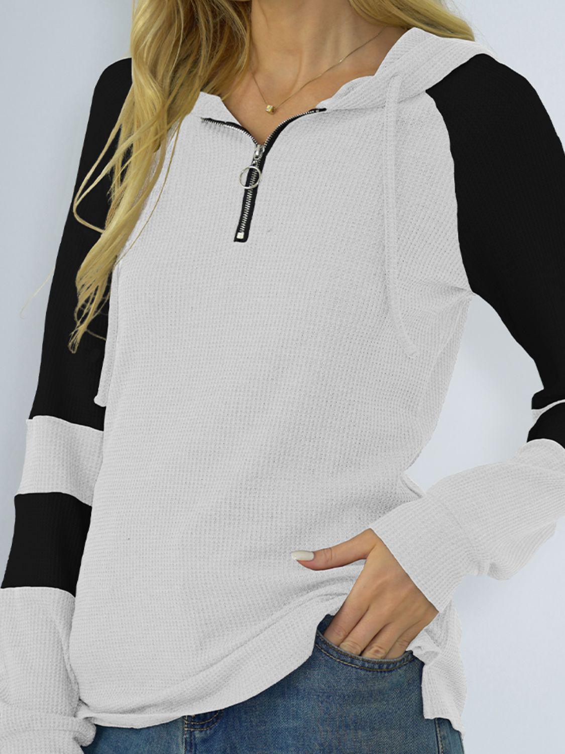 Waffle-knit Raglan Sleeve Zipper Front Hoody BLUE ZONE PLANET