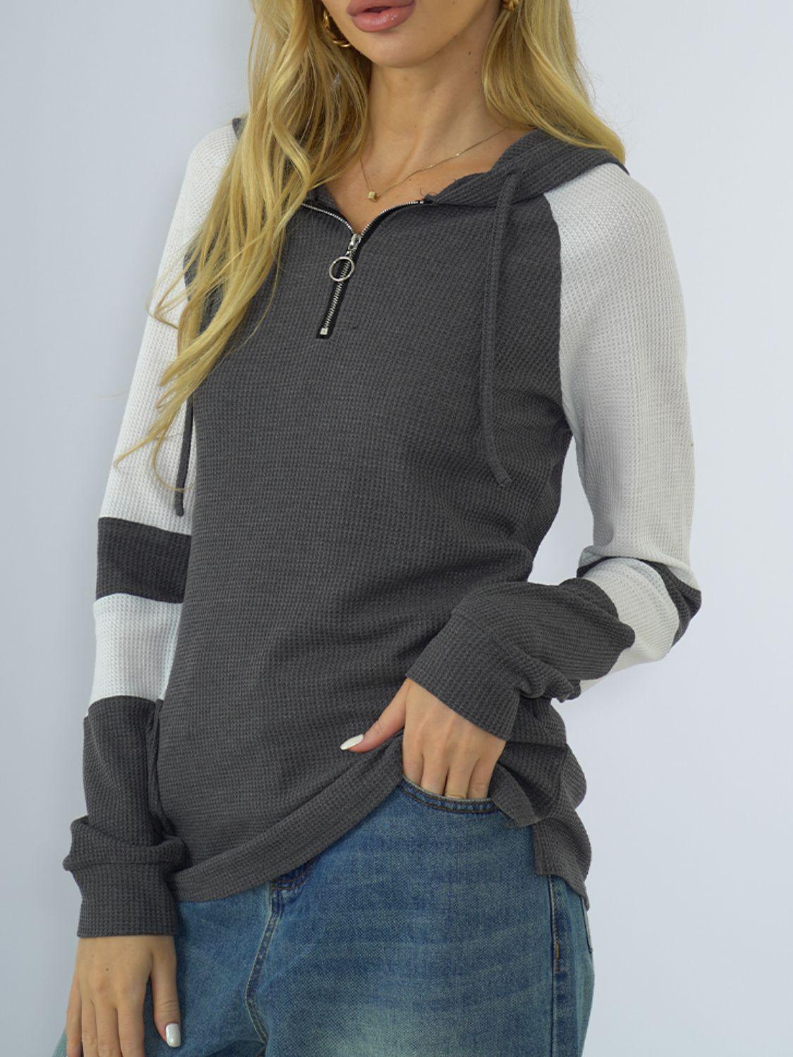 Waffle-knit Raglan Sleeve Zipper Front Hoody BLUE ZONE PLANET