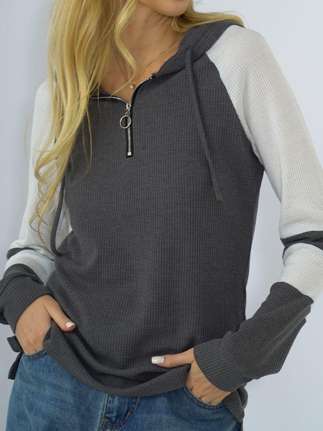 Waffle-knit Raglan Sleeve Zipper Front Hoody BLUE ZONE PLANET