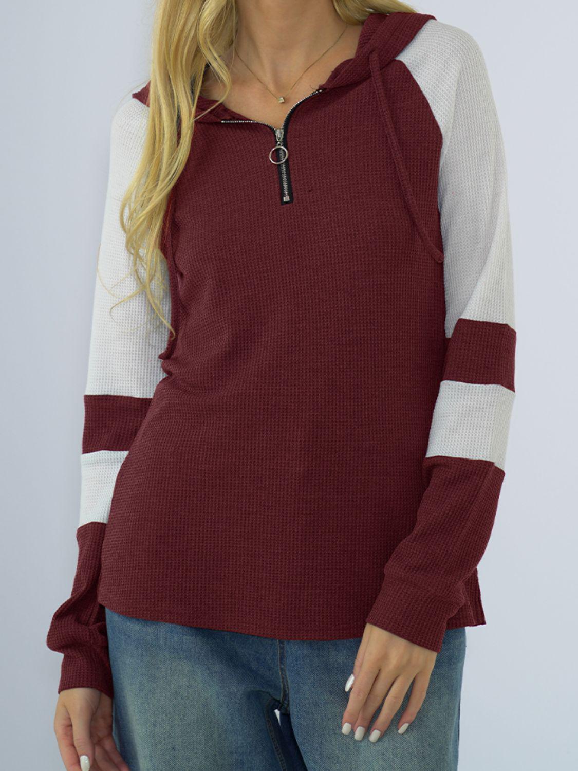 Waffle-knit Raglan Sleeve Zipper Front Hoody BLUE ZONE PLANET