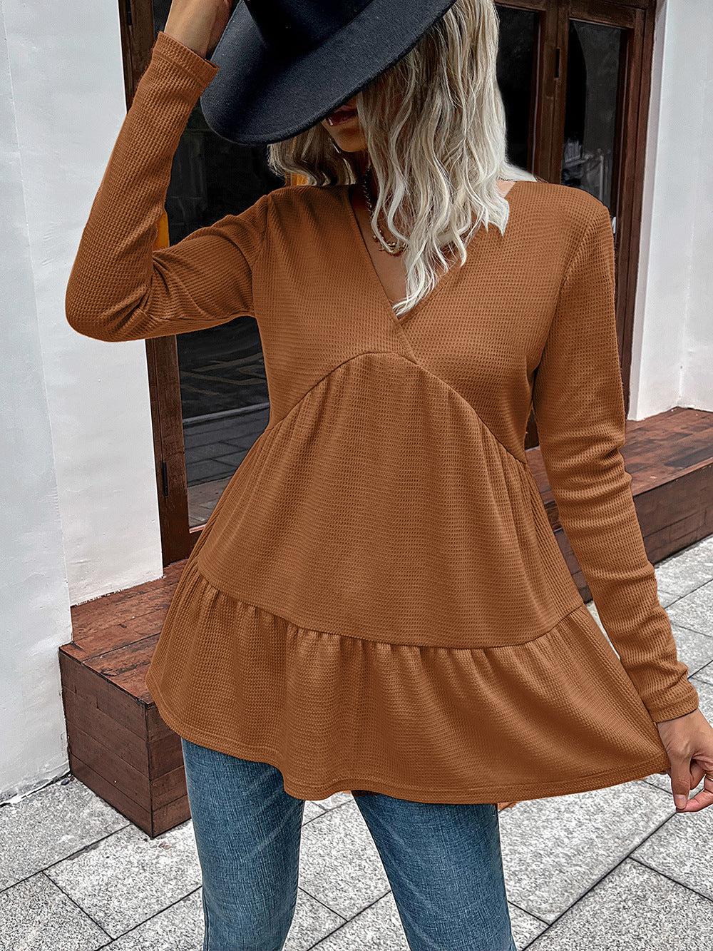 Waffle-knit V-Neck Long Sleeve Blouse BLUE ZONE PLANET