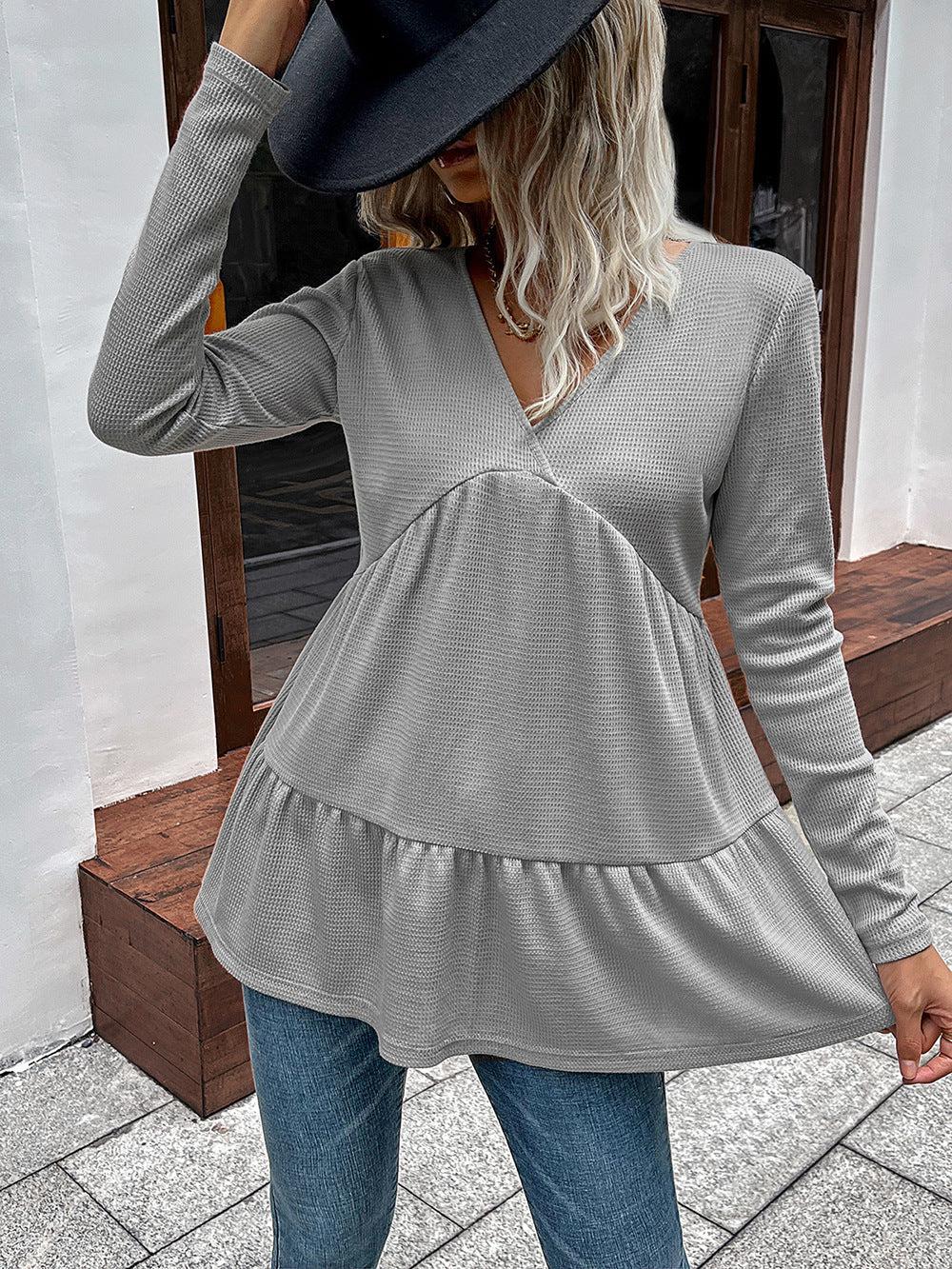 Waffle-knit V-Neck Long Sleeve Blouse BLUE ZONE PLANET