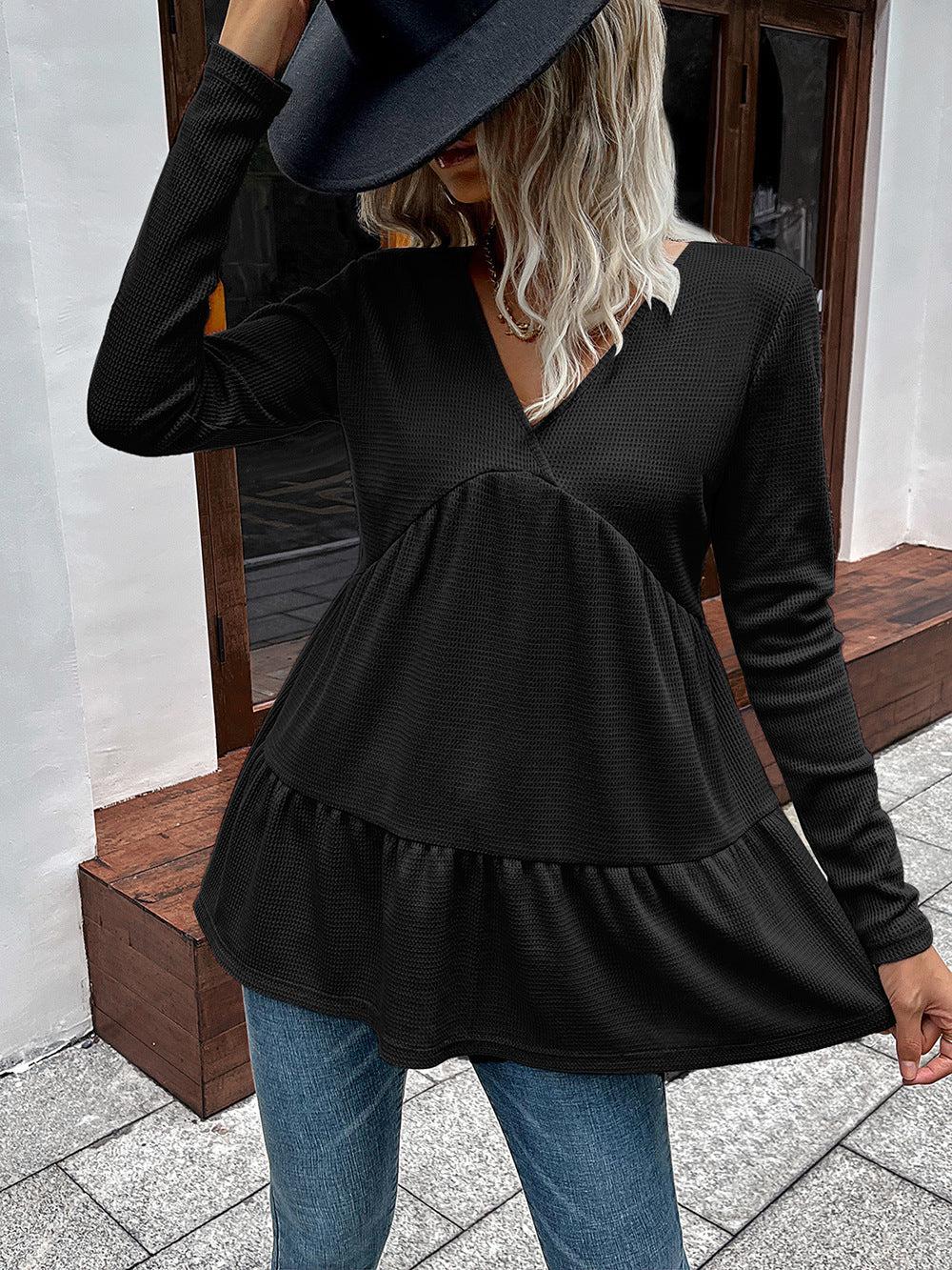 Waffle-knit V-Neck Long Sleeve Blouse BLUE ZONE PLANET