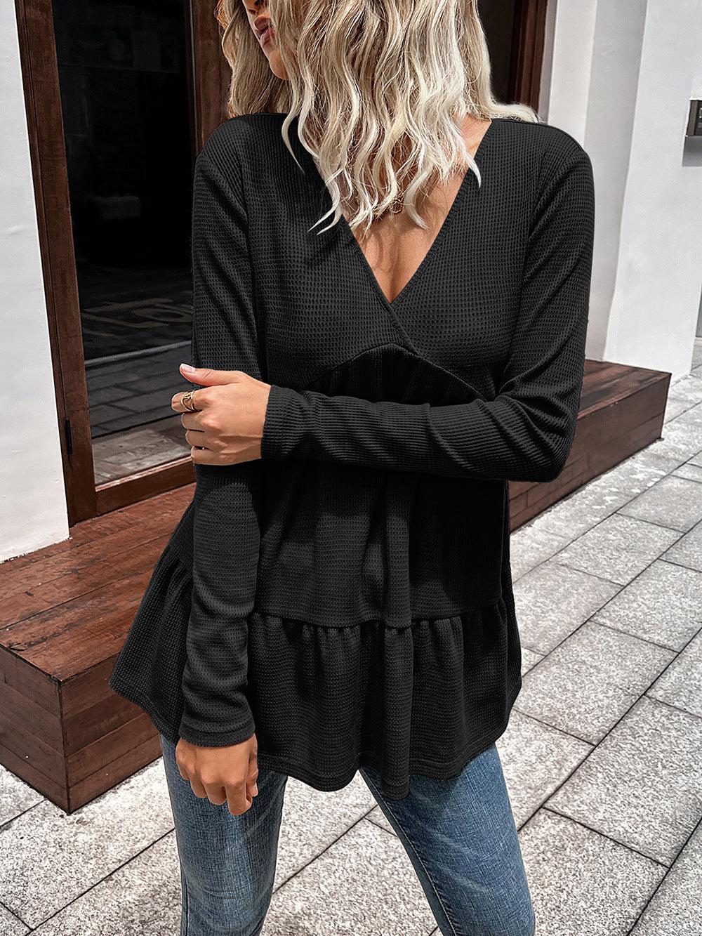 Waffle-knit V-Neck Long Sleeve Blouse BLUE ZONE PLANET