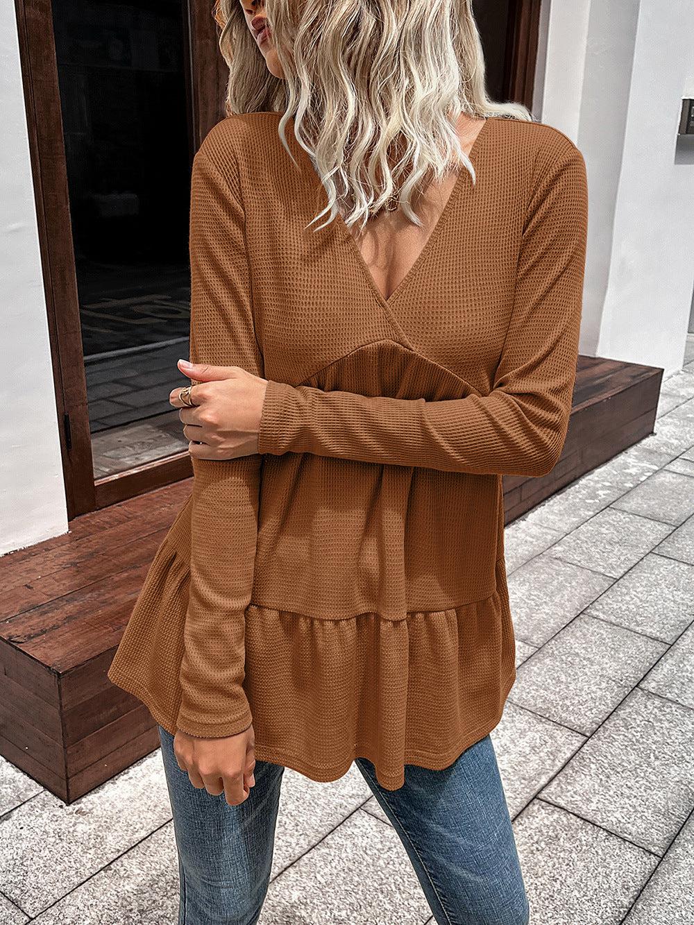 Waffle-knit V-Neck Long Sleeve Blouse BLUE ZONE PLANET