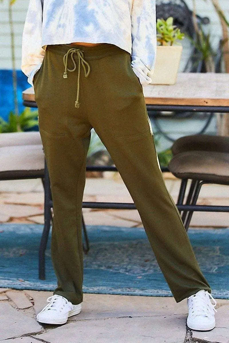 Waist Elastic Band Adjustable Waist Strap Side Pocket Straight French Terry Solid Pants Blue Zone Planet
