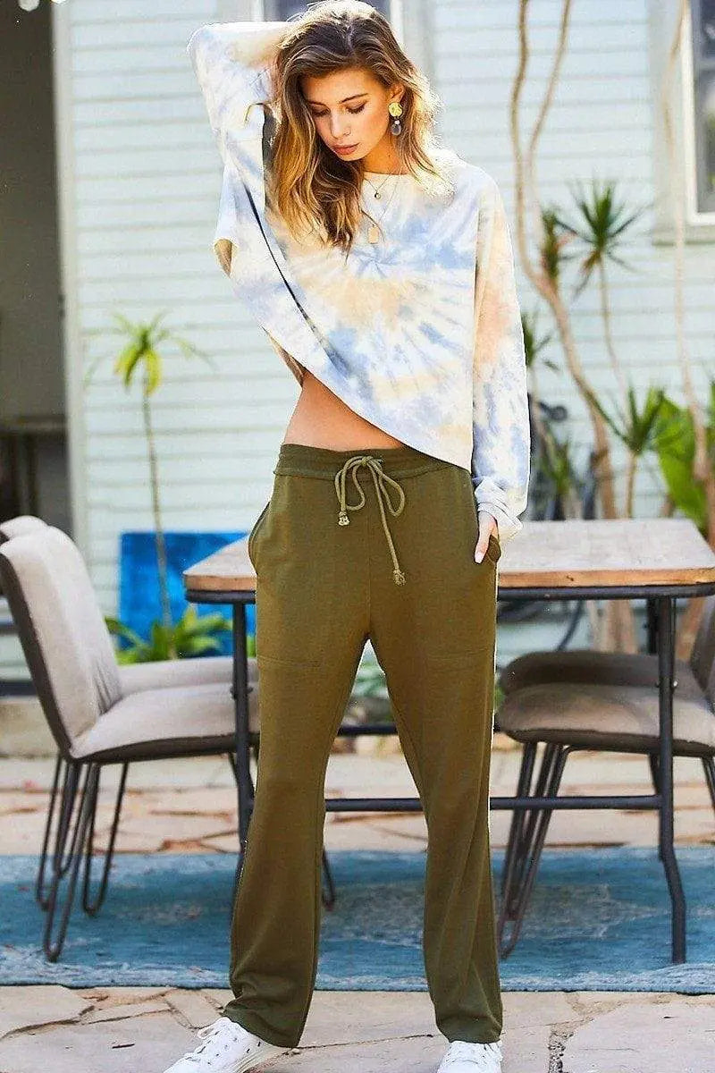 Waist Elastic Band Adjustable Waist Strap Side Pocket Straight French Terry Solid Pants Blue Zone Planet