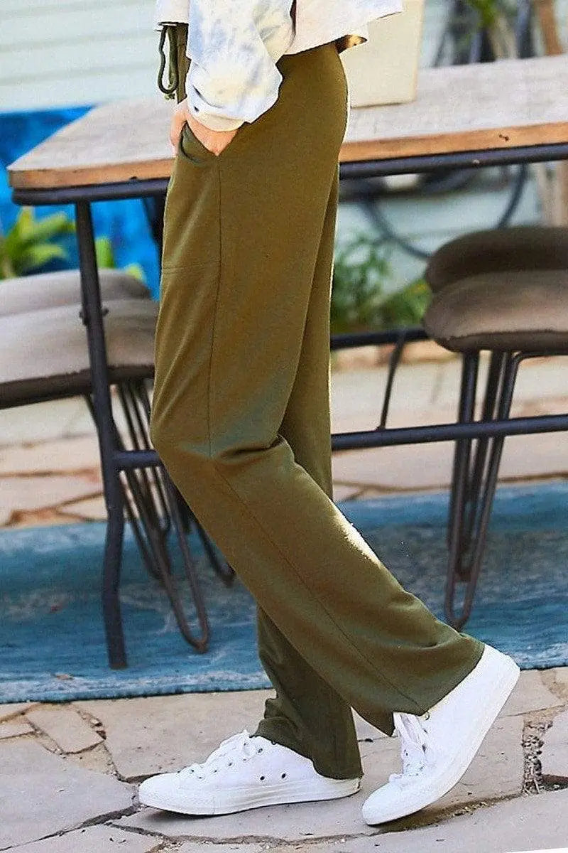 Waist Elastic Band Adjustable Waist Strap Side Pocket Straight French Terry Solid Pants Blue Zone Planet