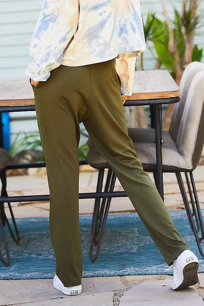 Waist Elastic Band Adjustable Waist Strap Side Pocket Straight French Terry Solid Pants Blue Zone Planet