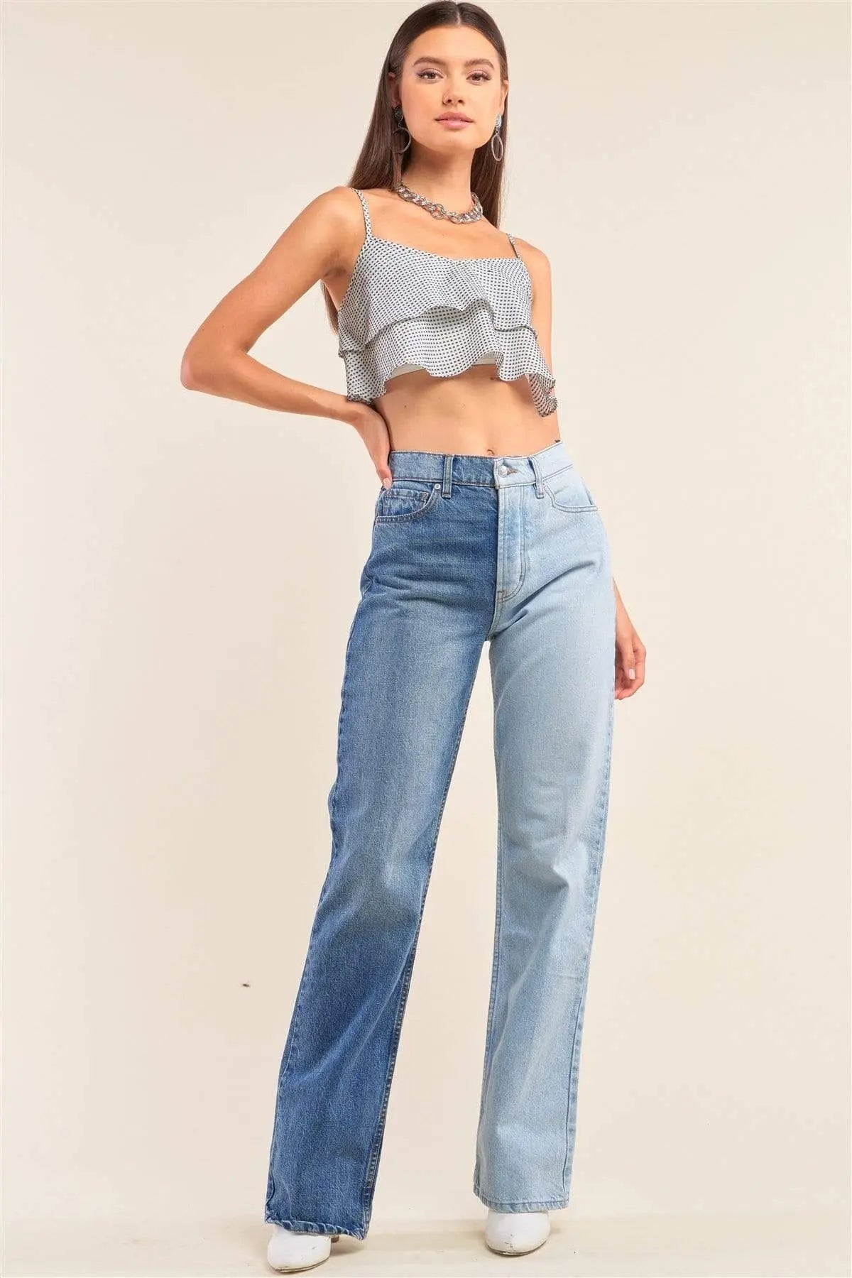 White And Navy Sleeveless Polka Square Layered Smock Back Cropped Top Blue Zone Planet