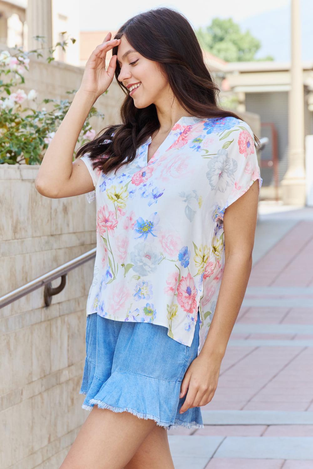 White Birch One And Only Full Size Short Sleve Floral Print Top BLUE ZONE PLANET