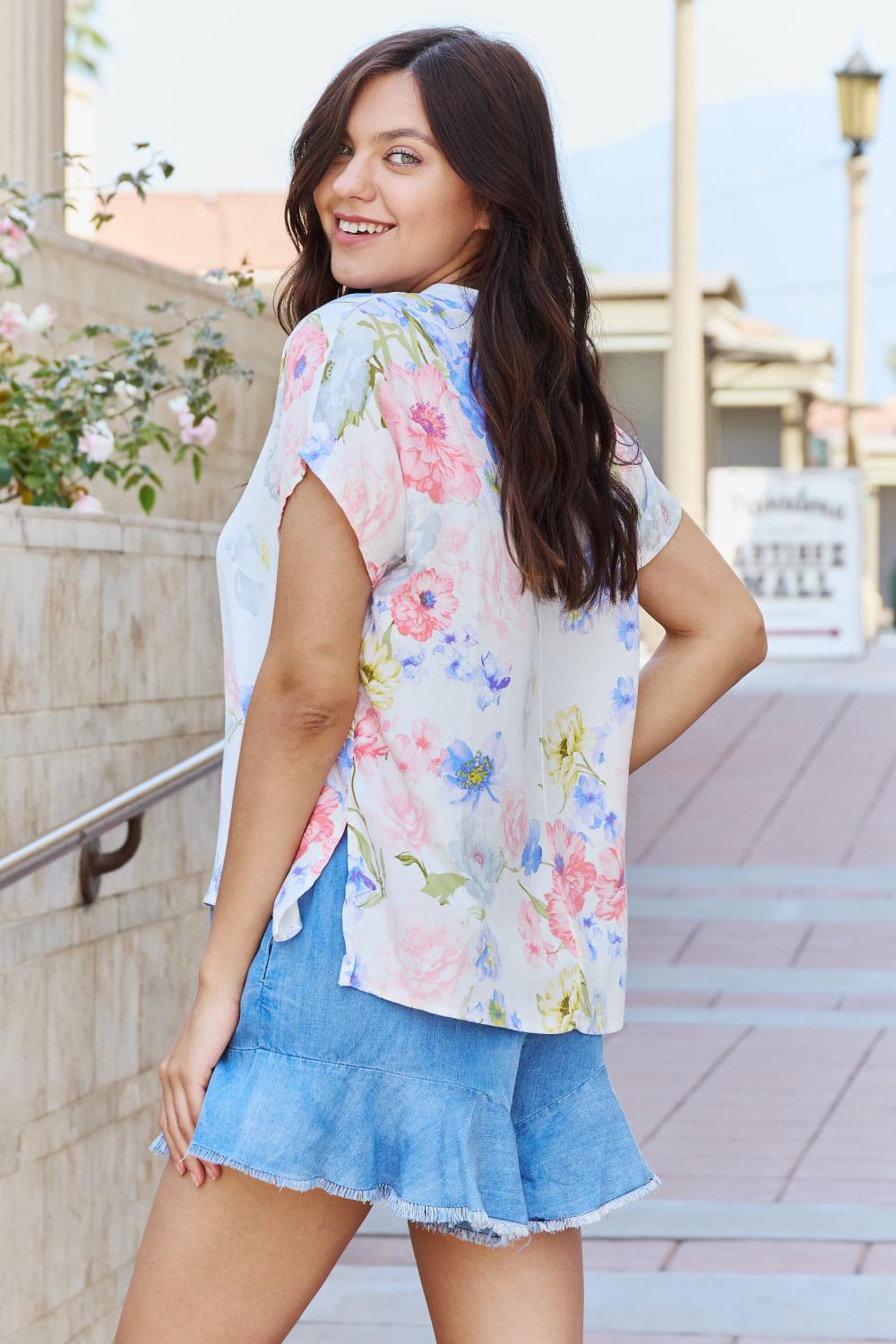 White Birch One And Only Full Size Short Sleve Floral Print Top BLUE ZONE PLANET