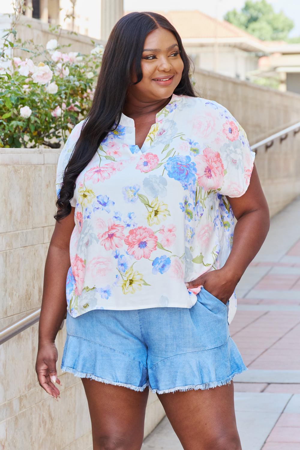 White Birch One And Only Full Size Short Sleve Floral Print Top BLUE ZONE PLANET