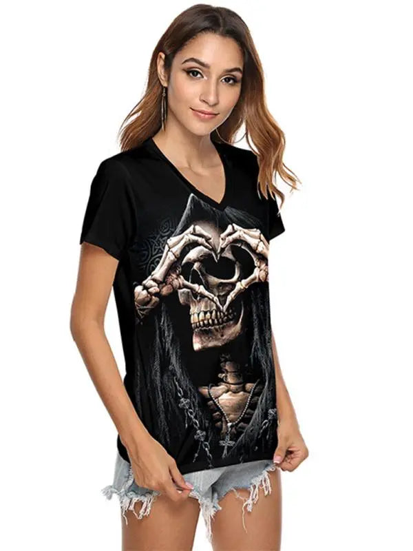 Women's 3D Short Sleeve Digital Print Halloween Skull Personality T-Shirt kakaclo