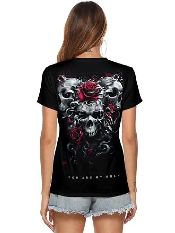 Women's 3D Short Sleeve Digital Print Halloween Skull Personality T-Shirt kakaclo