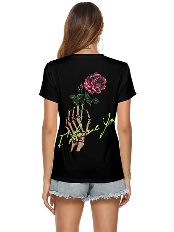 Women's Halloween Skull Heart Print V-Neck Top kakaclo