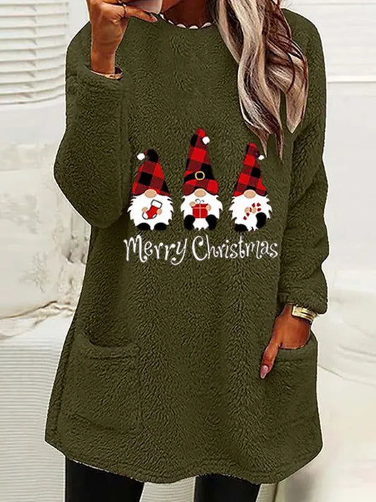 Women's Long Sleeve Casual Round Neck Pullover Pocket Christmas Plush Sweatshirt kakaclo