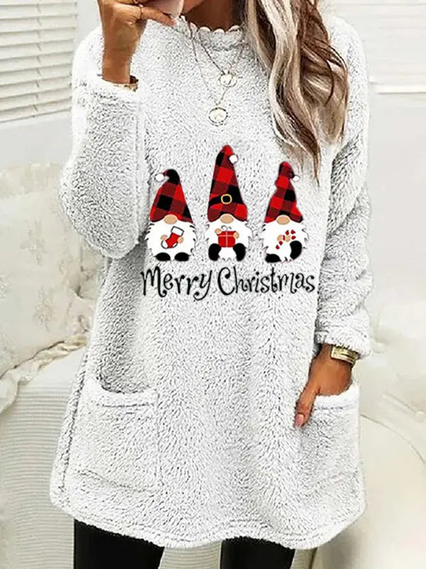Women's Long Sleeve Casual Round Neck Pullover Pocket Christmas Plush Sweatshirt kakaclo