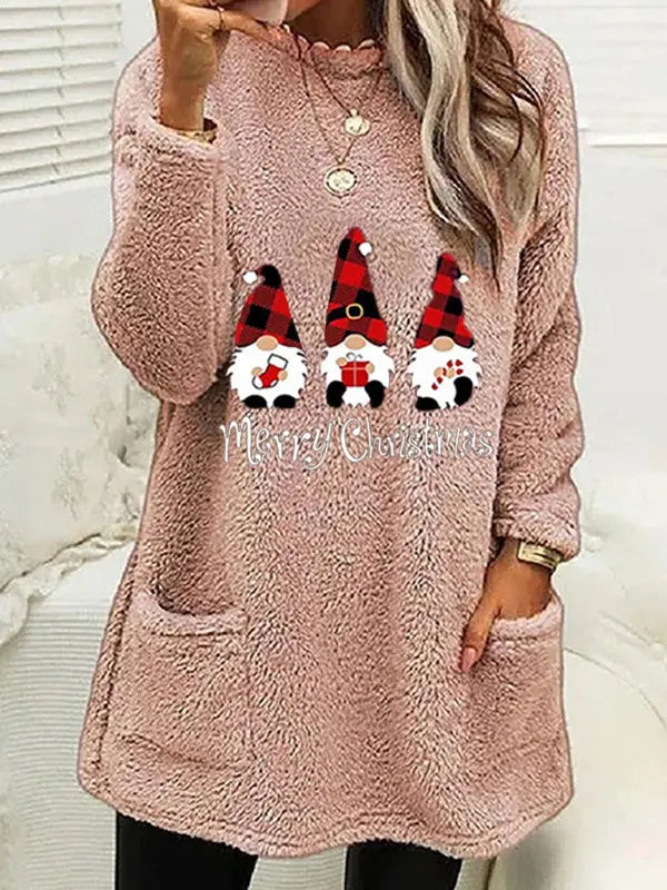 Women's Long Sleeve Casual Round Neck Pullover Pocket Christmas Plush Sweatshirt kakaclo