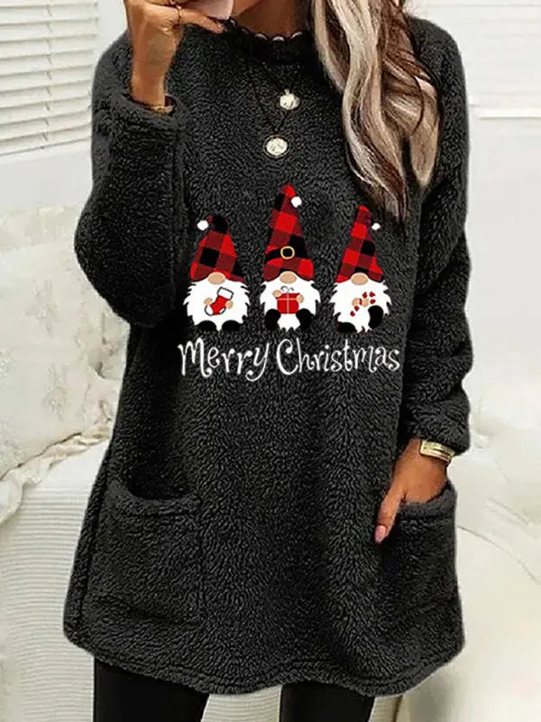 Women's Long Sleeve Casual Round Neck Pullover Pocket Christmas Plush Sweatshirt kakaclo