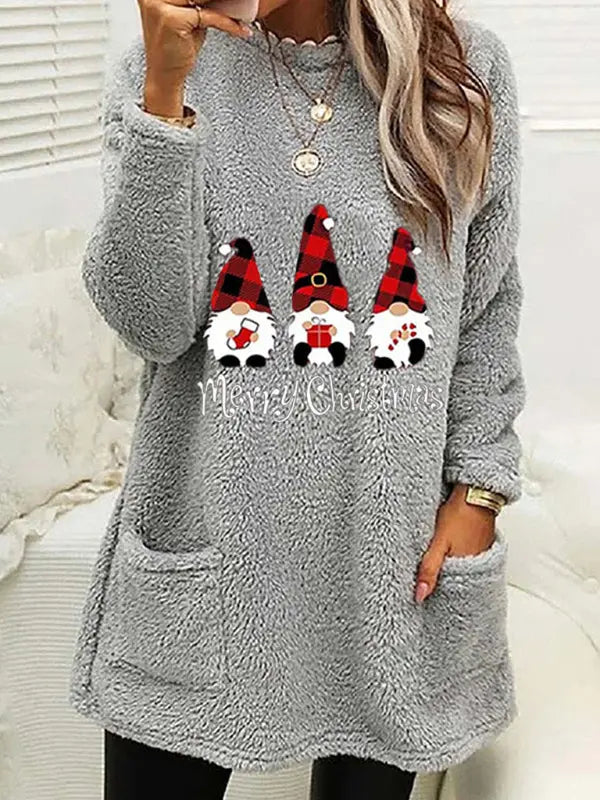Women's Long Sleeve Casual Round Neck Pullover Pocket Christmas Plush Sweatshirt kakaclo