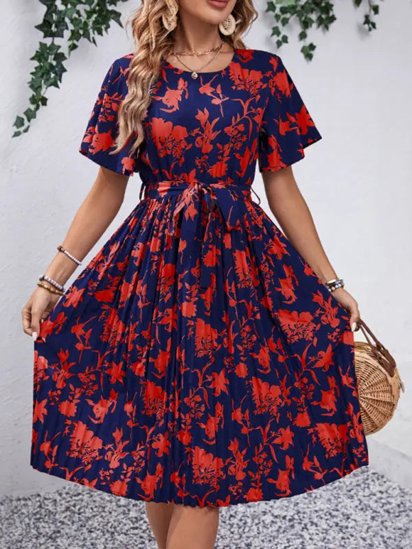 Women's New Round Neck Waist Floral Pattern Print kakaclo