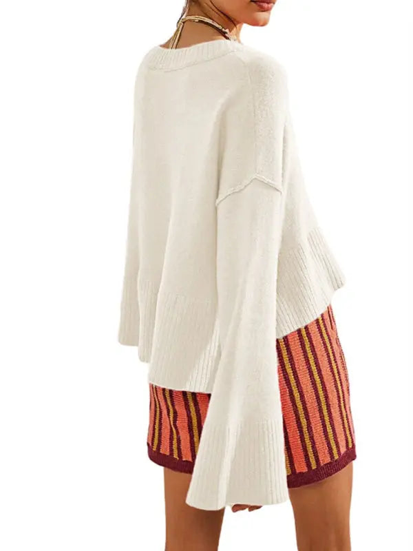 Women's New Solid Color Round Neck Bell Sleeve Pullover Simple Fashion Sweater kakaclo