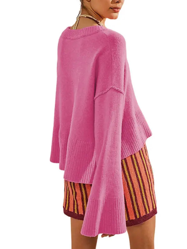 Women's New Solid Color Round Neck Bell Sleeve Pullover Simple Fashion Sweater kakaclo