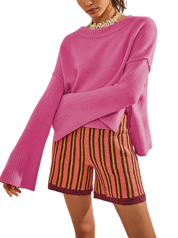 Women's New Solid Color Round Neck Bell Sleeve Pullover Simple Fashion Sweater kakaclo
