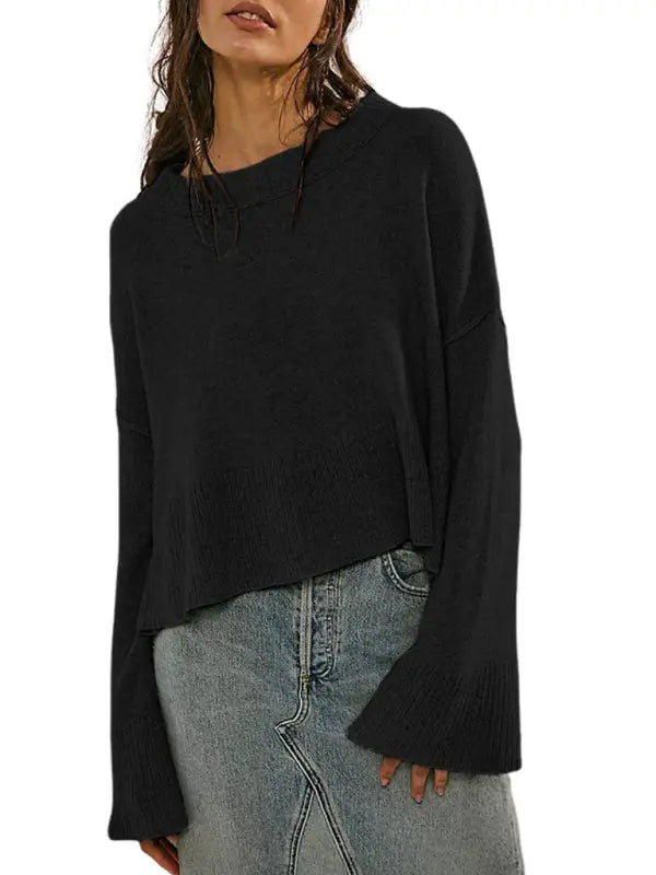 Women's New Solid Color Round Neck Bell Sleeve Pullover Simple Fashion Sweater kakaclo