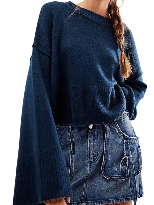 Women's New Solid Color Round Neck Bell Sleeve Pullover Simple Fashion Sweater kakaclo