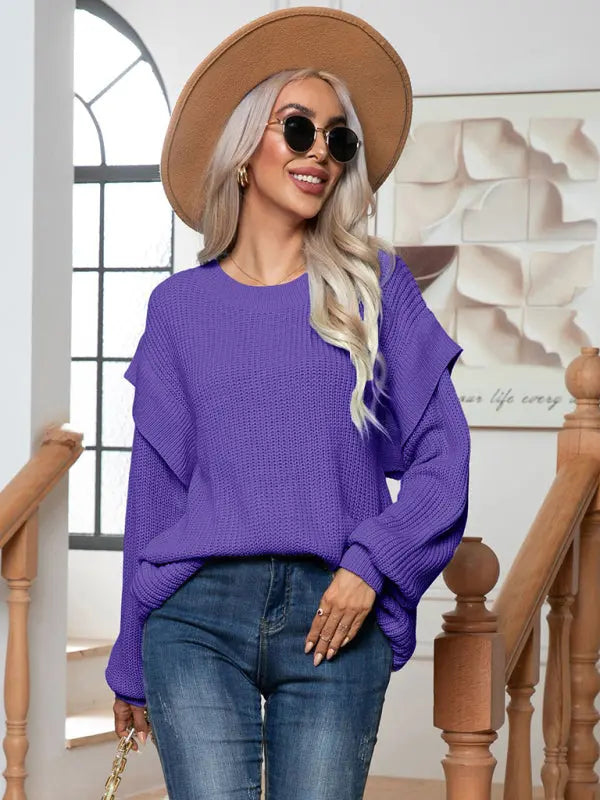 Women's New Style Drop Shoulder Long Sleeve Loose Knitted Sweater kakaclo