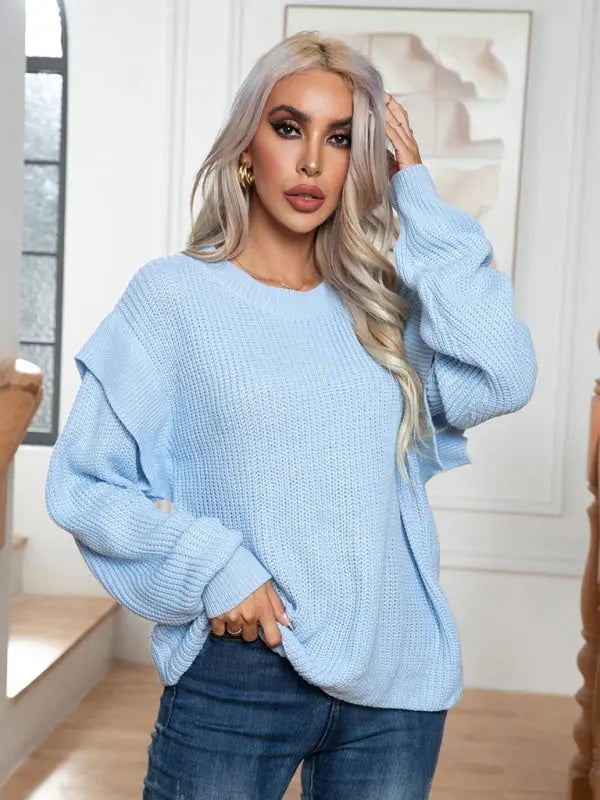 Women's New Style Drop Shoulder Long Sleeve Loose Knitted Sweater kakaclo