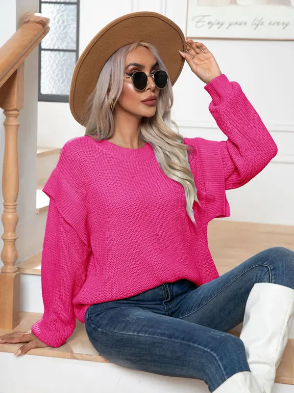 Women's New Style Drop Shoulder Long Sleeve Loose Knitted Sweater kakaclo