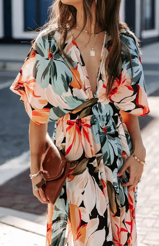 Women's Orange Split Floral Kimono Long Dress kakaclo